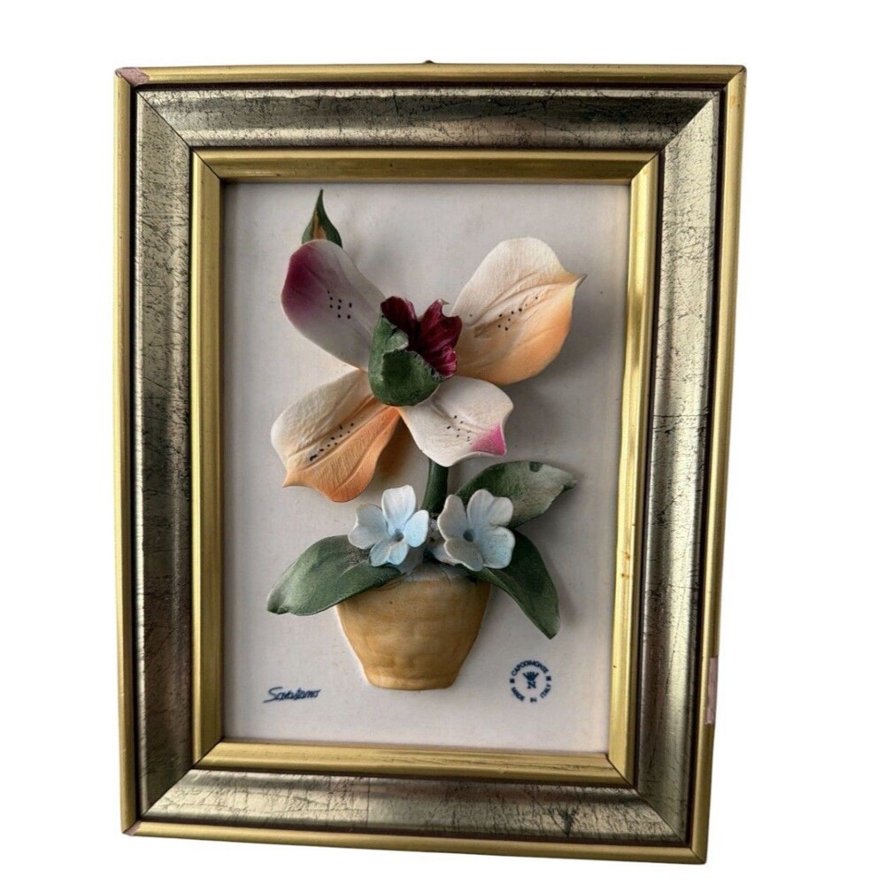 Vtg Capodimonte 3D Porcelain Flower Plaque Signed Savastano Made in Italy 8x6"
